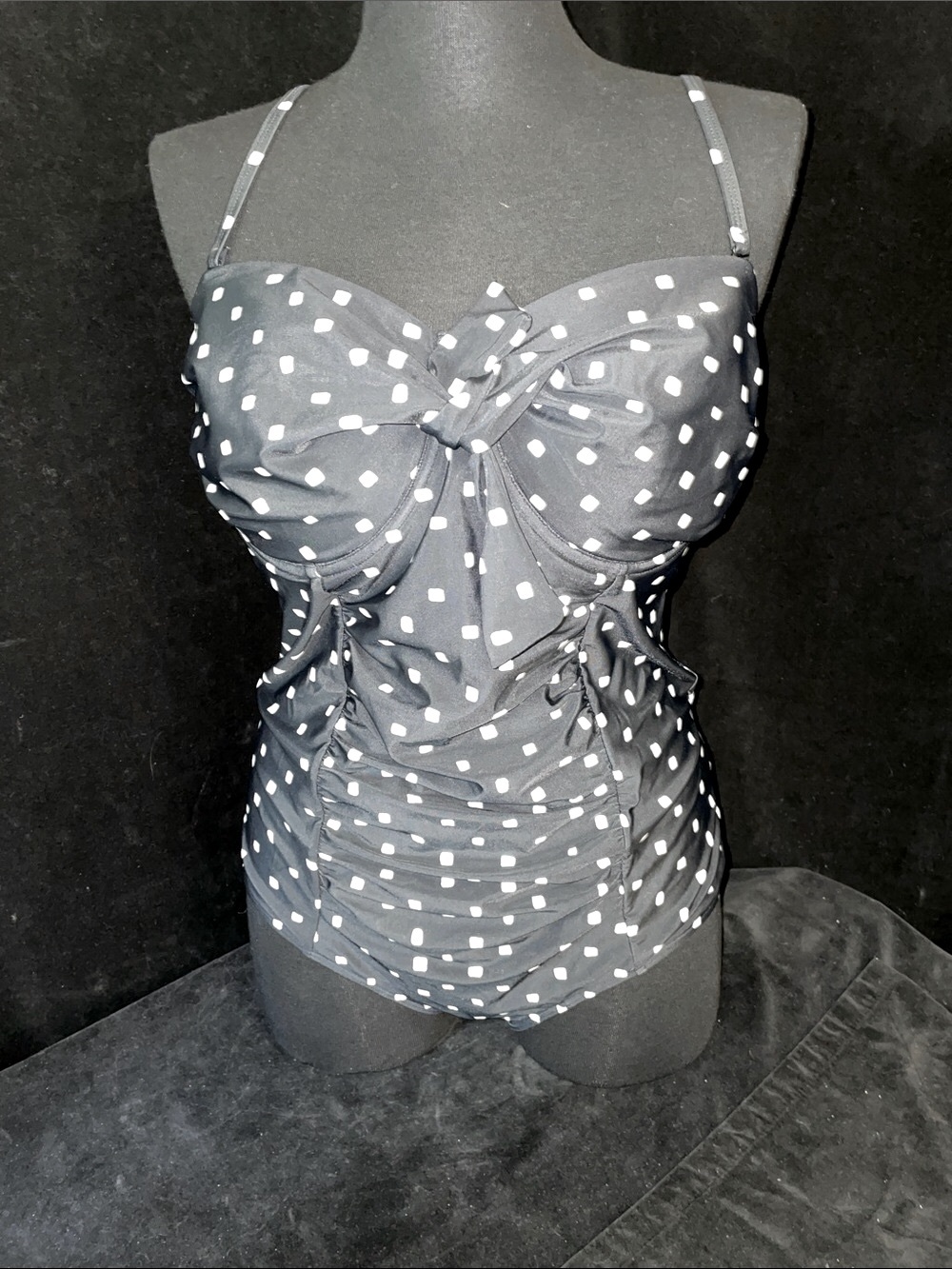 Women’s Polka Dot Ruched One-Piece Swimsuit B & W Sz 16 EUC